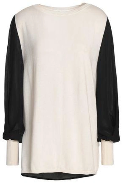 Amanda Wakeley Ray Crepe De Chine-paneled Silk, Wool And Cashmere-blend Sweater In Ecru