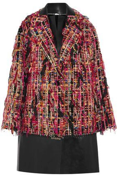 Alexander Mcqueen Leather-paneled Fringed Bouclé-tweed Coat In Multicolor