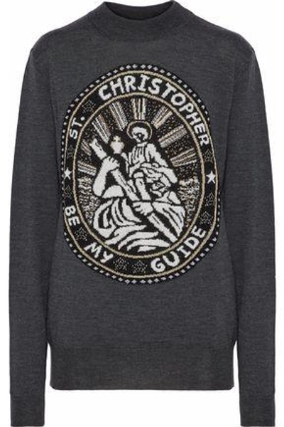 Christopher Kane Woman Metallic Intarsia-knit Wool-blend Sweater Dark Gray