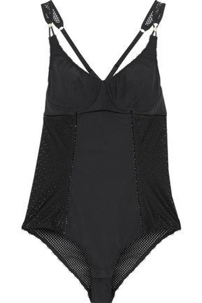 Stella Mccartney Woman Lattice-trimmed Mesh-paneled Stretch-knit Bodysuit Black