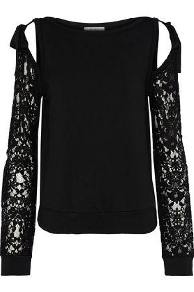 Bailey44 Bailey 44 Woman Sentimental Cold-shoulder Lace-paneled Stretch-modal Fleece Sweatshirt Black
