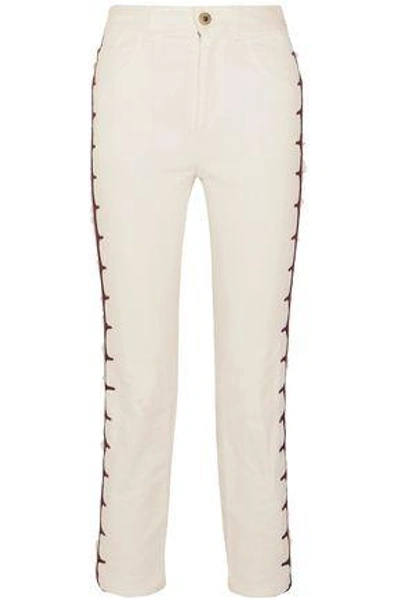 Chloé Woman Cropped Embroidered High-rise Straight-leg Jeans Ecru