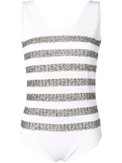 Balmain Metallic Stripe Knitted Bodysuit In White