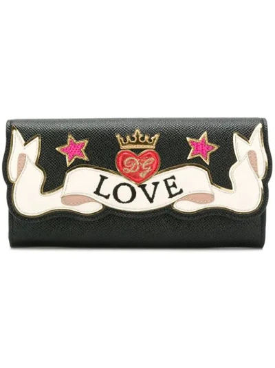 Dolce & Gabbana Continental Wallet In Dauphine Calfskin With Embroidery Patch In Black