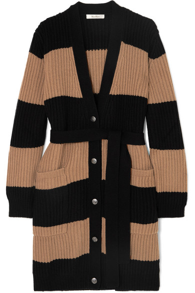 Max Mara Belted Striped Ribbed Wool And Cashmere-blend Cardigan In