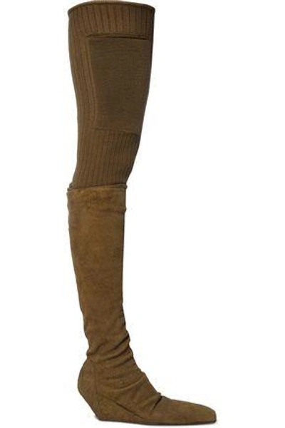 Rick Owens Woman Rib-paneled Nubuck Thigh Boots Sage Green