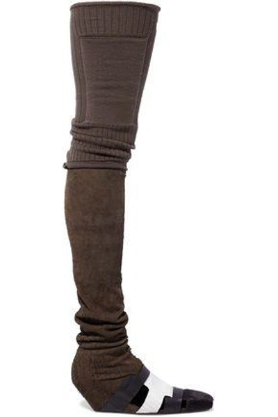 Rick Owens Woman Leather-trimmed Suede And Calf Hair Thigh Boots Chocolate In Multicolor