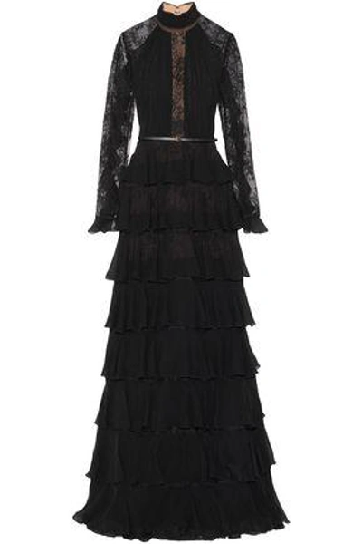 Elie Saab Woman Lace-paneled Tiered Chiffon Gown Black