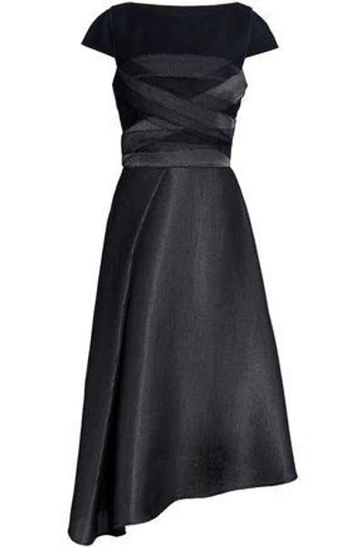 Amanda Wakeley Asymmetric Wool-blend Felt-paneled Mesh Midi Dress In Black