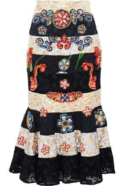 Dolce & Gabbana Woman Embellished Brocade-paneled Guipure Lace Midi Skirt Black