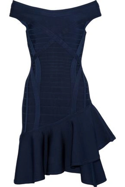 Herve Leger Off-the-shoulder Ruffled Bandage Mini Dress In Midnight Blue