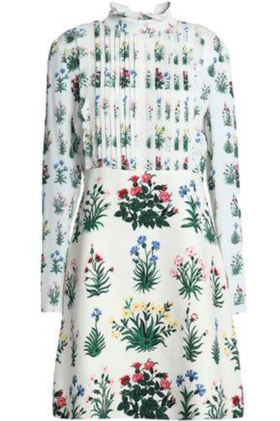 Valentino Woman Pintucked Floral-print Crepe De Chine And Silk-twill Mini Dress Off-white