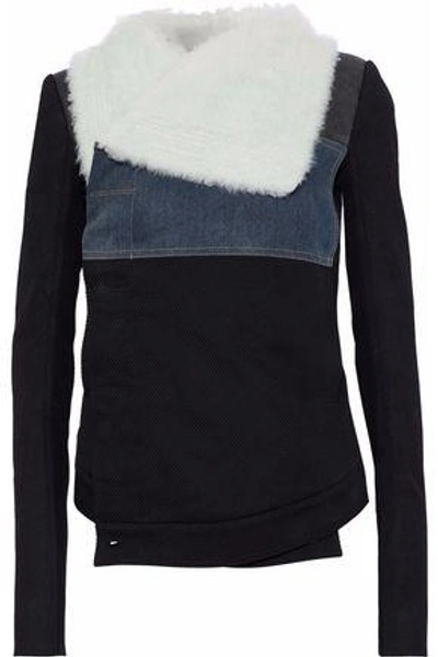 Rick Owens Drkshdw Woman Shearling, Leather And Denim-paneled Cotton-twill Jacket Black