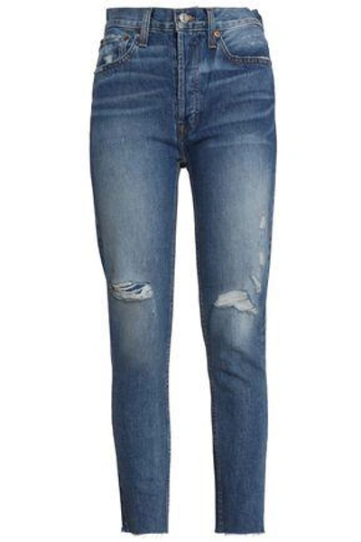 Re/done Woman Distressed High-rise Slim-leg Jeans Mid Denim