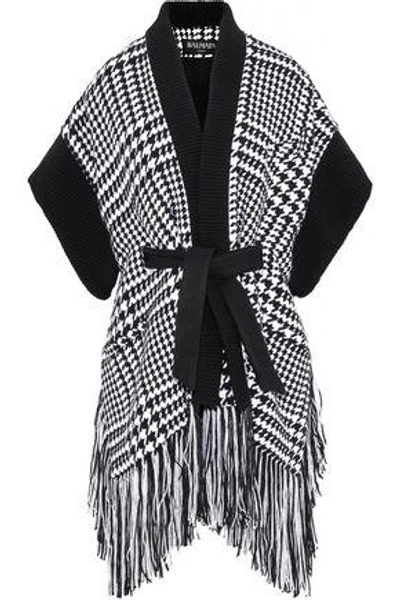 Balmain Woman Fringe-trimmed Houndstooth Wool-blend Cardigan Black