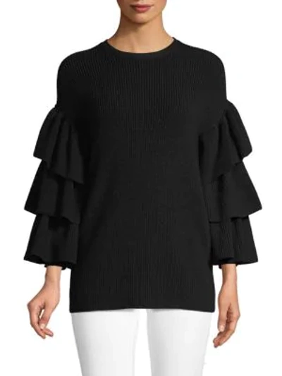 Valentino Woman Ruffle-trimmed Wool Sweater Black