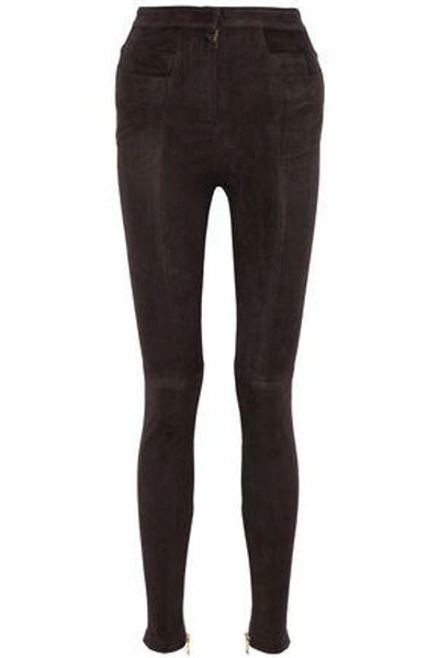 Balmain Woman Suede Skinny Pants Dark Brown