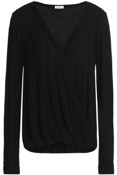 Splendid Wrap-effect Ribbed Stretch-jersey Top In Black