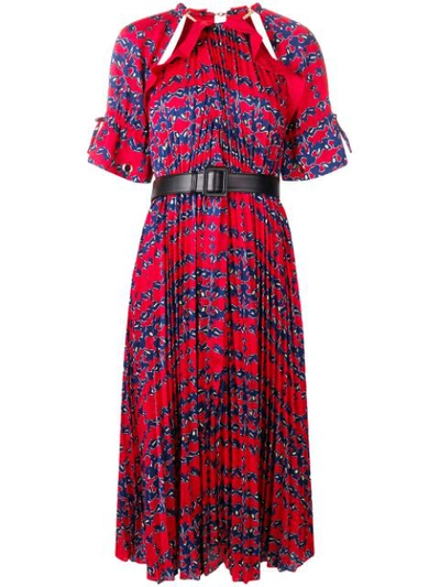 Self-portrait Pleated Short-sleeve Flared Dress In Red