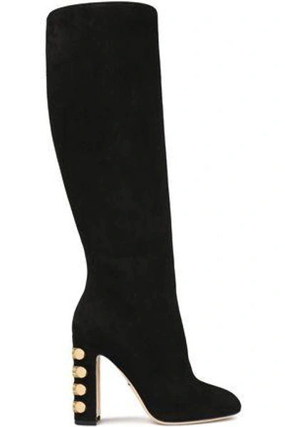 Dolce & Gabbana Woman Embellished Suede Knee Boots Black