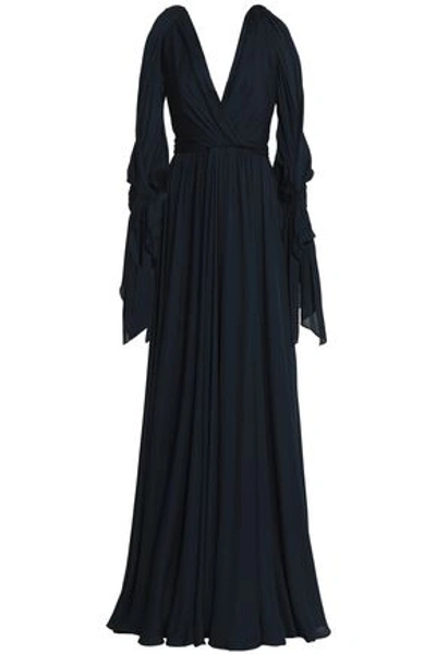 Jenny Packham Woman Cold-shoulder Draped Silk Gown Midnight Blue
