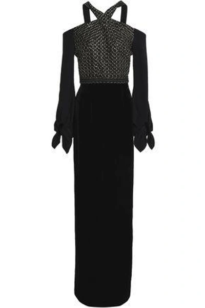 Roland Mouret Tadley Cold-shoulder Embroidered Crepe And Velvet Gown In Black