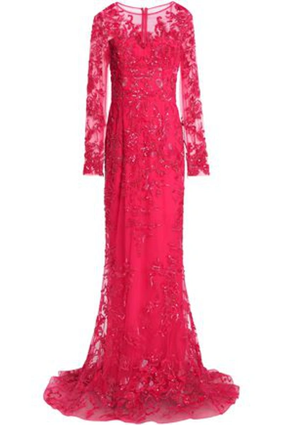 Zuhair Murad Woman Embellished Embroidered Silk-blend Tulle Gown Bright Pink