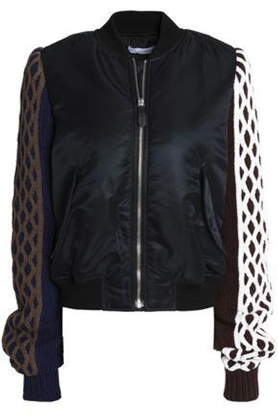Jw Anderson Woman Cable Knit-paneled Satin Bomber Jacket Black