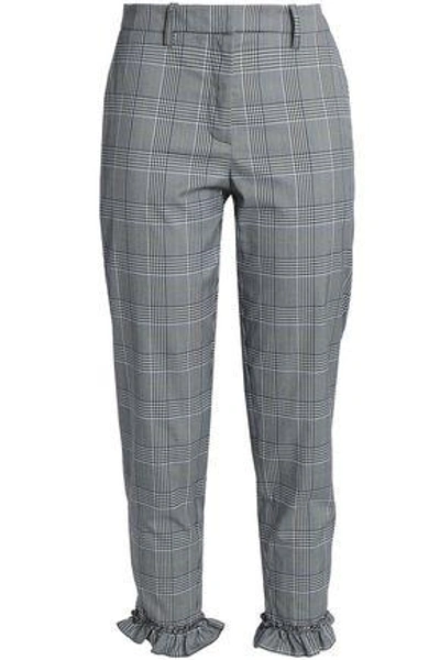 Baum Und Pferdgarten Woman Ruffle-trimmed Prince Of Wales Cotton-blend Tapered Pants Gray