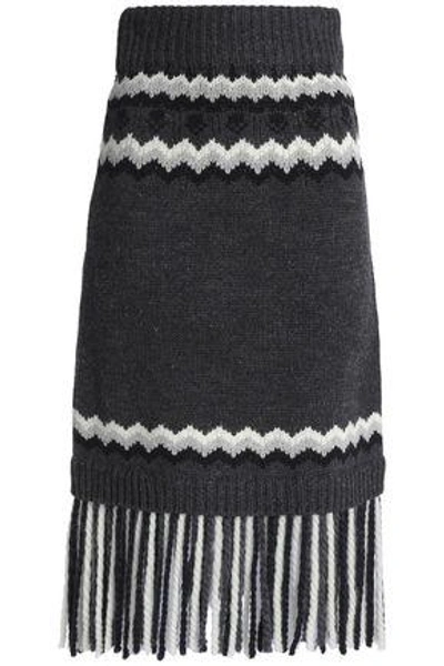 Red Valentino Redvalentino Woman Fringed Intarsia-knit Midi Skirt Dark Gray