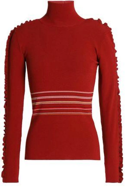 Roksanda Woman Ruffle-trimmed Striped Ribbed-knit Turtleneck Top Brick