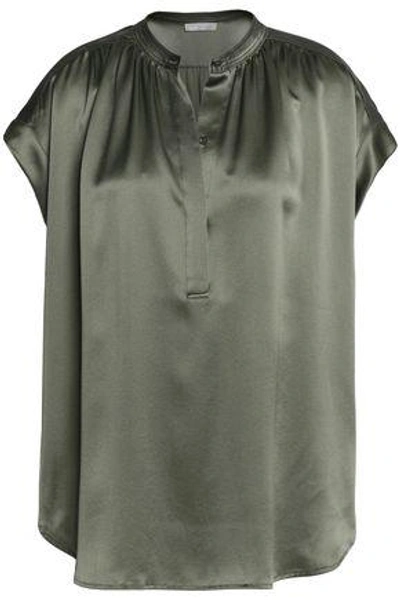 Vince Woman Gathered Silk-satin Crepe Blouse Leaf Green