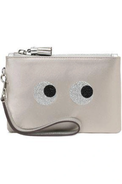 Anya Hindmarch Woman Metallic Leather-trimmed Glittered Satin Pouch Stone