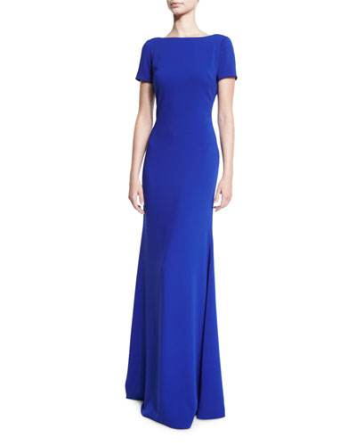 Badgley Mischka Short-sleeve Stretch Crepe Gown, Electric Blue | ModeSens