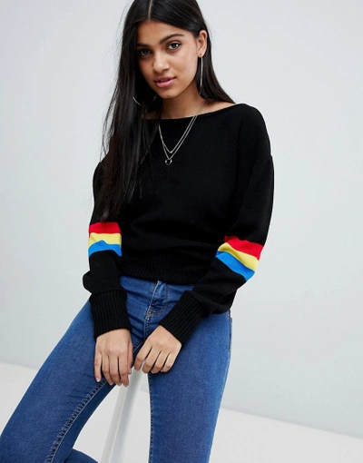 Ax Paris Sweater With Rainbow Sleeve Detail - Black