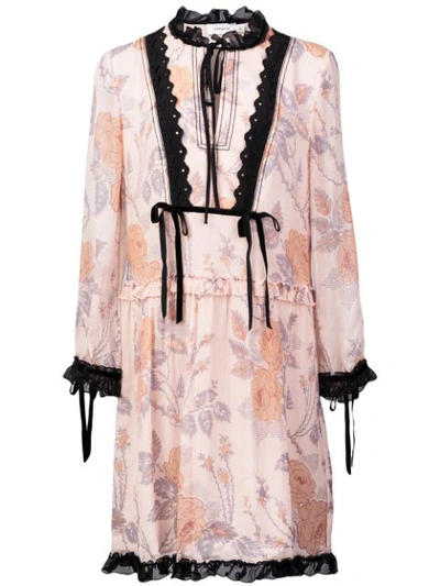 Coach Rose-print Long-sleeve Silk Short Dress In Pink