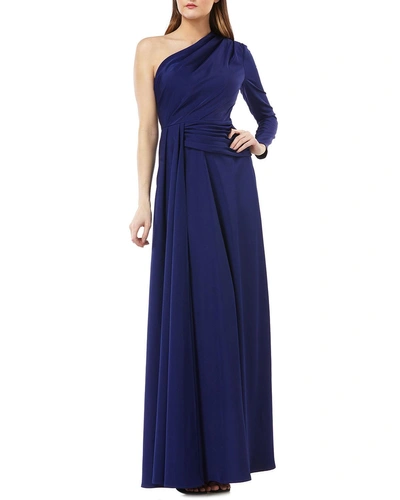 Kay Unger One-shoulder Gown W/ Draped Sash In Navy