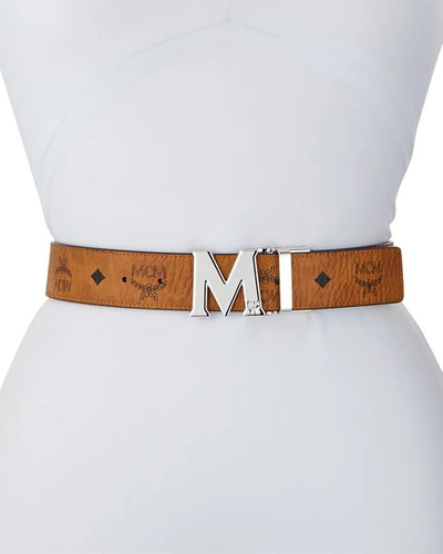 Mcm Reversible M-buckle Belt - Silvertone Buckle In Cognac