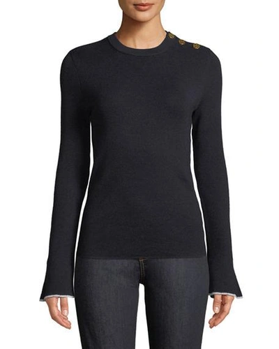 Tory Burch Button-shoulder Flare-sleeve Sweater In Medium Navy