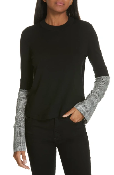 Veronica Beard Roscoe Crewneck Wool Sweater With Plaid Sleeves In Black Multi