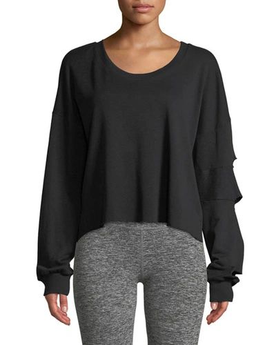 Lanston Slashed-sleeve Cropped Pullover Sweatshirt In Black