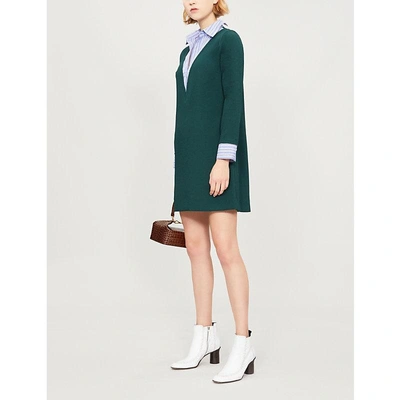 Sandro Shirt-collar Crepe And Cotton Dress In Peacock