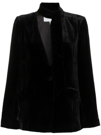 Frame Tie Neck Collarless Silk Blend Velvet Blazer In Black