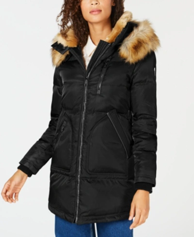Vince Camuto Faux Fur Hooded Puffer Coat In Black