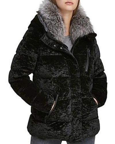 Andrew Marc Vara Crushed Velvet Down Jacket W/ Fur Hood In Black