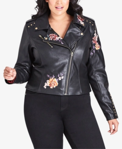 City Chic Trendy Plus Size Embroidered Faux-leather Moto Jacket In Black