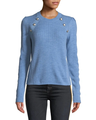 Veronica Beard Simi Wool Button-shoulder Raglan Sweater In Blue