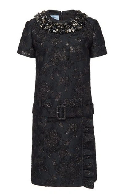 Prada Belted Embellished Brocade Mini Shift Dress In Black