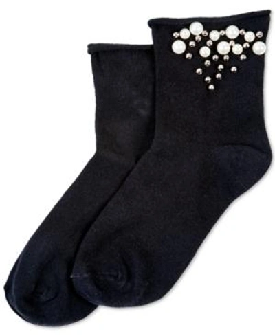 Hue Imitation-pearl Roll-top Socks In Black