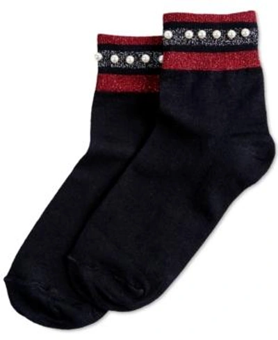 Hue Embellished Metallic-stripe Anklet Socks In Black